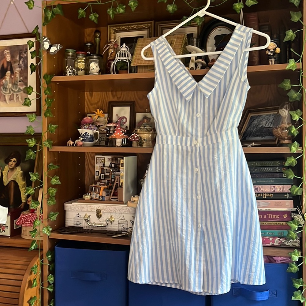 Powder blue and white vertical striped beachy vintage-inspired dress